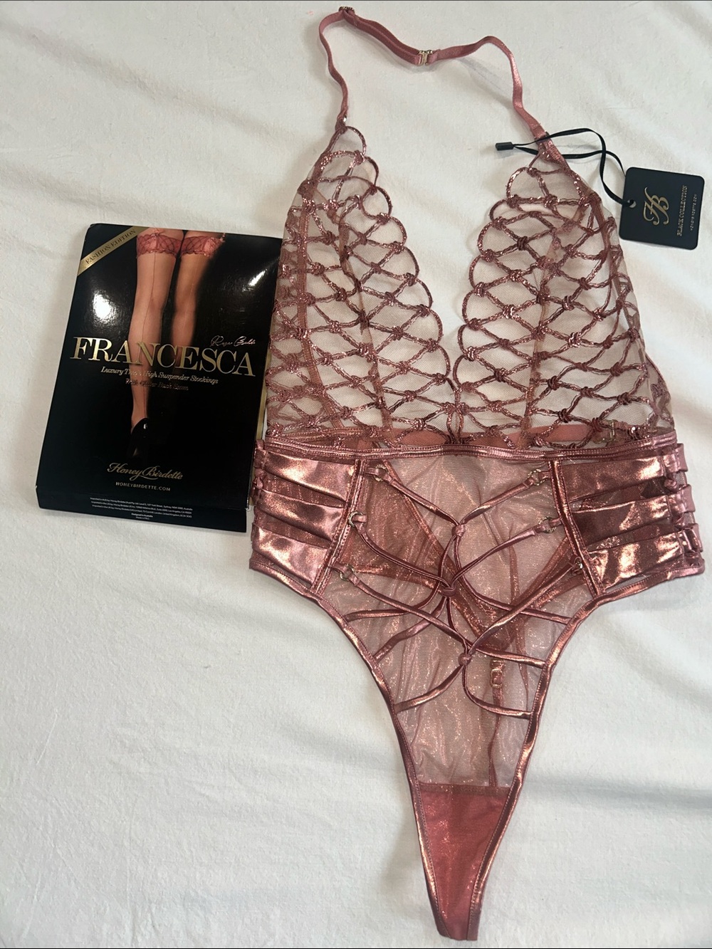 NWT Honey Birdette Francesca Bodysuit & Stockings Size S/M Set Rose Gold K9